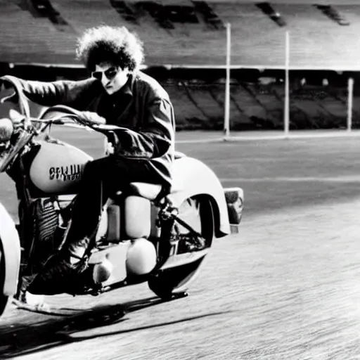 Image similar to bob dylan riding his motorcycle playing with his guitar in the fullham football club stadium, 4 k, high detail