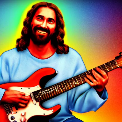 Prompt: a photo of Jesus Christ playing electric guitar smiling, HDR 8k