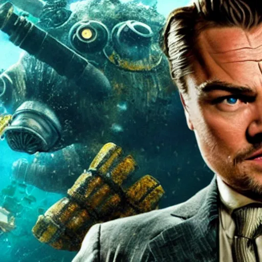 Image similar to movie poster depicting andrew ryan, portrayed by leonardo dicaprio, in a new live - action bioshock movie, the underwater city of rapture is also present, highly detailed face