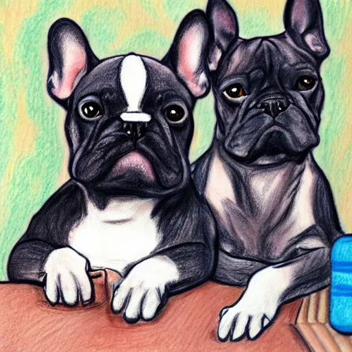 Image similar to two lovers and a black french bulldog, kid's drawing