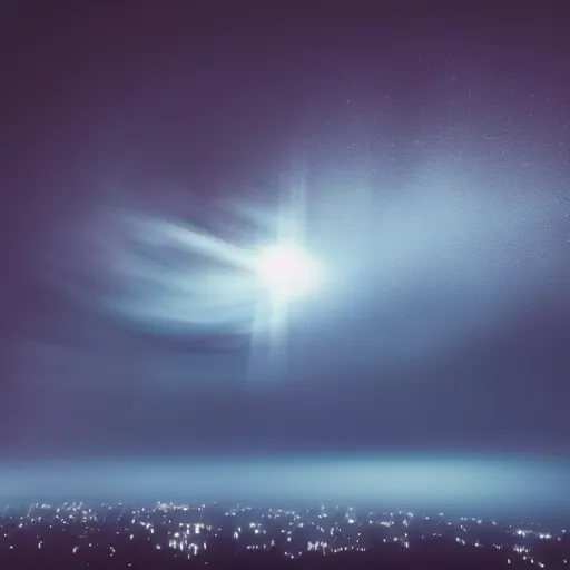 Image similar to found footage of explosion in the sky, 4 k, night, fog