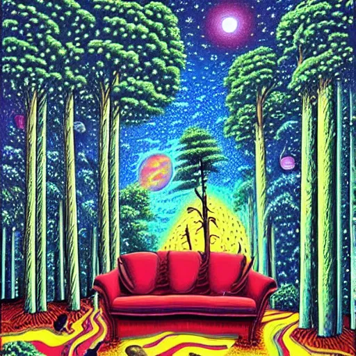 Prompt: psychedelic trippy rain pine forest, planets, milky way, sofa, cartoon by rob gonsalves