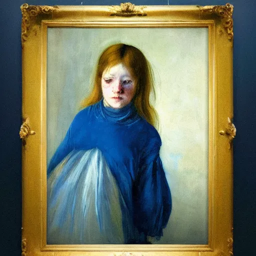 Prompt: palette knife oil painting portrait of a young girl in a blue and gold haunted liminal room, film still by goya, by balthus, by pontormo, extreme detail, liminal aesthetic, artgerm, deviant art, octane, substance, art history 8 k, art nouveau