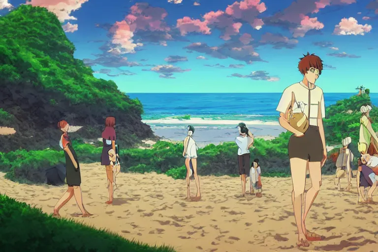 Prompt: cell shaded anime key visual of the beach episode in the style of studio ghibli, moebius, makoto shinkai, dramatic lighting