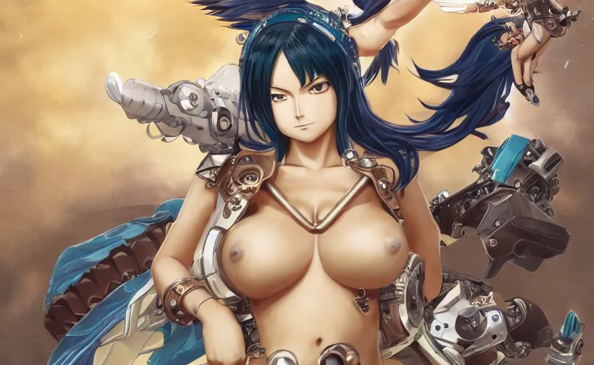 Image similar to mechanized valkyrie of nico robin from one piece, anime style, konami mecha, spread wings, hair down, symmetrical facial features, from arknights, hyper realistic, 4 k, rule of thirds, extreme detail, detailed drawing, trending artstation, hd, d & d, realistic lighting, by alphonse mucha, greg rutkowski