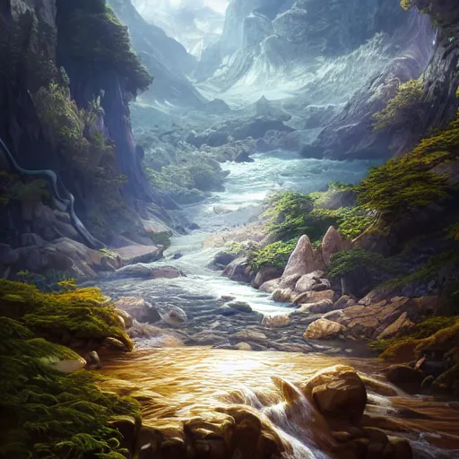 Image similar to a mountain range with a river flowing through it by akihito tsukushi, backlight, rim lighting, deep focus, d & d, fantasy, intricate, elegant, highly detailed, digital painting, artstation, concept art, matte, centered, sharp focus, illustration, hearthstone, art by artgerm, greg rutkowski and alphonse mucha