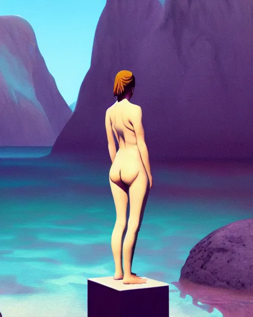 Image similar to a painting of a woman standing in the water. the woman is standing in front of a statue, a screenshot by stanley twardowicz, cgsociety, aestheticism, aesthetic, vaporwave, anime aesthetic, volumetric lighting