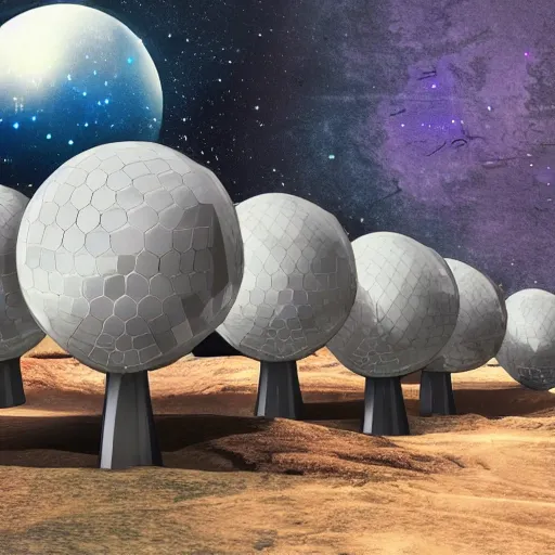 Prompt: a realistic photo of a futuristic moonbase with geodesic domes and moon buggies