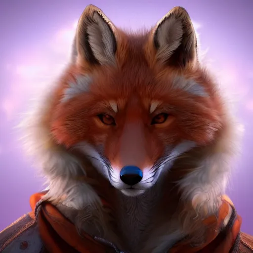 Image similar to a highly detailed portrait of a humanoid light brown fox, with a white muzzle, bright orange eyes, in a purple cloak, artstation, DeviantArt, professional, octane render