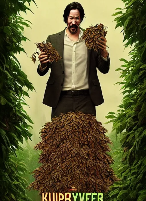 Image similar to highly detailed comedy caper movie poster with silly wacky zany keanu reeves as a sentient pile of leaves, keanu reeves green face as a sentient leafy bush by greg rutkowski, masterpiece, really funny, 1 0 / 1 0 comedy