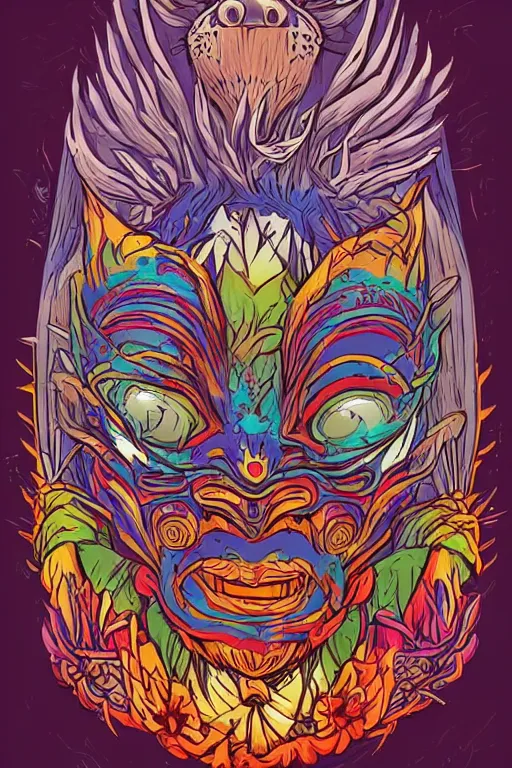 Image similar to animal mask totem roots flower tribal feather gemstone plant wood rock shaman vodoo video game vector cutout illustration vivid multicolor borderlands comics by josan gonzales and dan mumford radiating a glowing aura