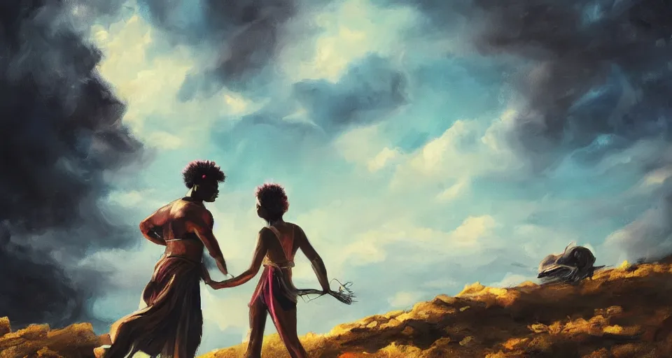 Image similar to a painting of a man and a woman on a hill, a screenshot by Zack Snyder, behance contest winner, afrofuturism, concert poster, behance hd, movie poster,