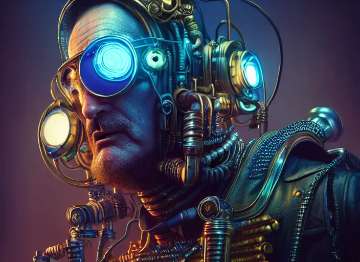 Image similar to an intricately detailed ultra - realistic unreal engine 5 rendering of a portrait of steampunk cyberpunk neon - bordered cyborg bill murray, concept art, intricate details, eerie, highly detailed, photorealistic, octane render, 8 k uhd art by kilian eng