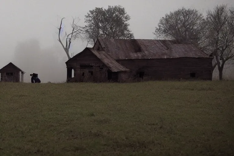 Prompt: a tourist taking a photo of an abandoned farmhouse, cinematic shot, foggy, photo still from movie by denis villeneuve