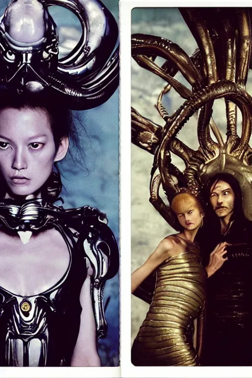 Image similar to polaroid still symmetry frame from Alien Covenant movie by Takashi Murakami, from Pan's Labyrinth (2006) by James Stokoe, viking king and queen, dressed by Salvatore Ferragamo and by Chanel, haute couture painted by Peter Paul Rubens and by John Baeder, editorial fashion photography from vogue magazine, in coral stalagmite by Jean-Michel Basquiat