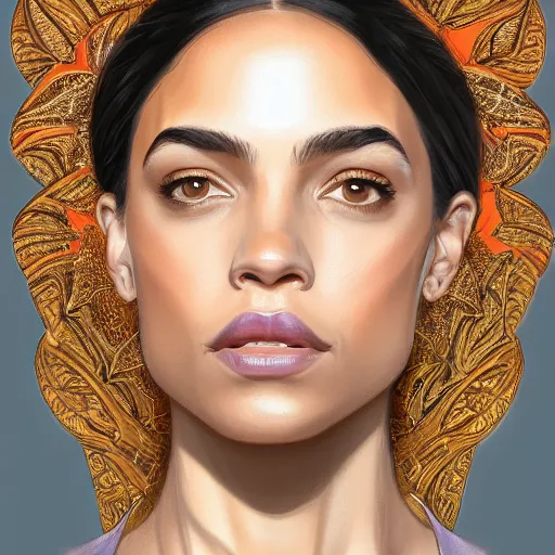 Image similar to symmetry portrait of alexandria ocasio - cortez, intricate, elegant, highly detailed, digital painting, artstation, concept art, smooth, sharp focus, illustration, art by artgerm and greg rutkowski and alphonse mucha, 8 k