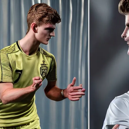 Image similar to a realistic detailed photo of a guy who is an attractive humanoid who is half robot and half humanoid, who is a male android, soccer players martin ødegaard & timo werner, shiny skin, posing like a statue, blank stare, in a factory, on display, showing off his muscles, gold soccer shorts, side view, looking at each other mindlessly