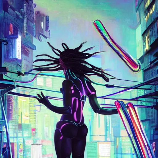 Image similar to short dreds - cyberpunk deities made of elastic bands, beautiful, recording music in a stuido, another person made of elastic bands on a piano | hyperrealistic oil painting | by makoto shinkai, ilya kuvshinov, lois van baarle, rossdraws, basquiat | afrofuturism, in the style of surrealism, trending on artstation |