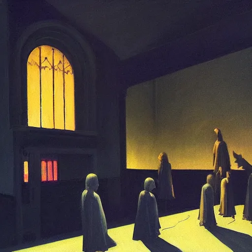 Prompt: a cult summoning a glowing ghost at night in the world of Edward Hopper, black robes, church, stormy snowy weather, extremely detailed masterpiece, oil on canvas, low-key neon lighting, artstation, Blade Runner 2049, Roger Deakin’s cinematography, by J. C. Leyendecker and Peter Paul Rubens,