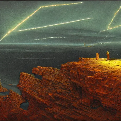 Prompt: steampunk landscape, fossil rocks, beam of lights beksinski