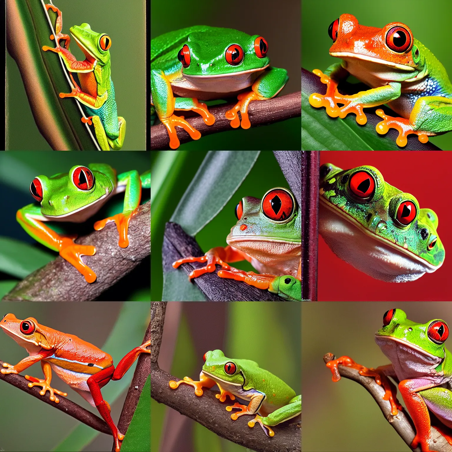 Prompt: a portrait of an australian red - eyed tree frog, ranoidea chloris, by greg hildebrandt and greg rutkowski