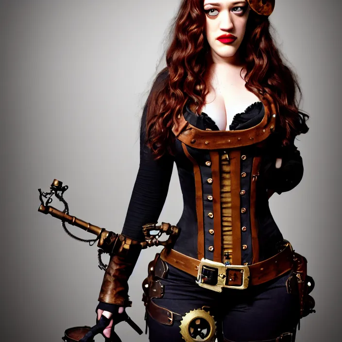 Image similar to full body photograph of kat dennings as a steampunk pirate. Extremely detailed. 8k