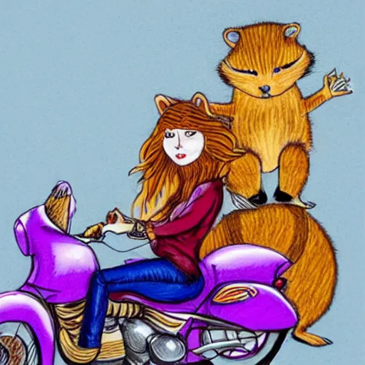 Image similar to a highly detailed drawing by s. gahan wilson of a slender beautiful woman with straight ginger hair and bangs, wearing purple leathers and gold helmet, posing with large ginger tabby and raccoon on a motorcycle in front yard, holding toasted brioche bun, dramatic lighting