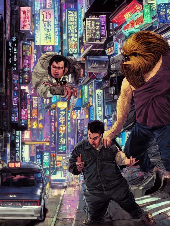 Image similar to rich evans defends mike stoklasa from a crackhead wookie in neo tokyo, hyperrealistic, 4 k, ultra detailed, intricate detail, photorealistic.