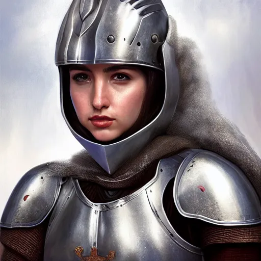Prompt: head and shoulders portrait of a female knight, ana de armas as joan of arc, helmet, breastplate, by artgerm, smoky, face detail, extremely detailed, digital illustration