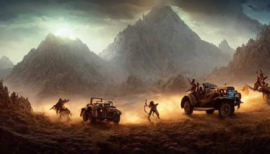 Image similar to mahindra thar, tribe members attacking, action scene, an epic fantasy, dramatic lighting, cinematic, establishing shot, extremely high detail, photorealistic, cinematic lighting, maxwell boas jessica rossier christian dimitrov anton fadeev, zaha hadid, trending on artstation, cgsociety, rendered in unreal engine 4 k hq