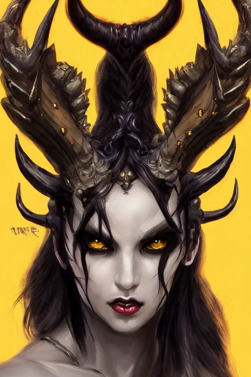 Image similar to portrait of female succubus with black hair and glowing yellow eyes and horns, dnd, fantasy, intricate, elegant, highly detailed, digital painting, artstation, concept art, smooth, sharp focus, illustration, art by narcisse navarre