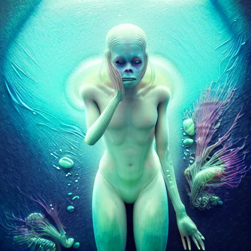 Image similar to ultra realistic horror photo of translucent female alien creature underwater, very intricate details, focus, model pose, artwork by anna dittmann, award winning