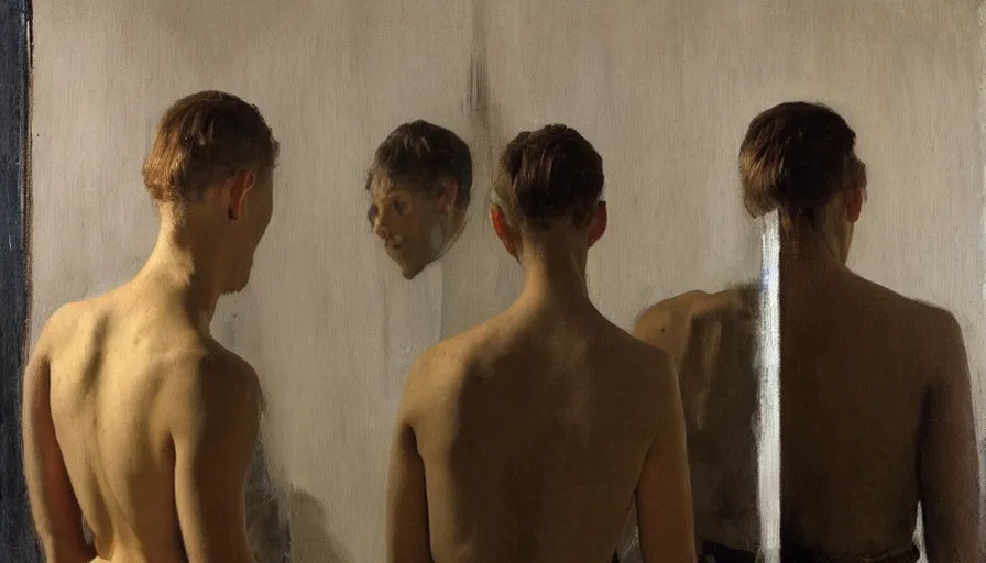 Prompt: painting by borremans, man in front of the mirror, detailed, stunning, dynamic lighting