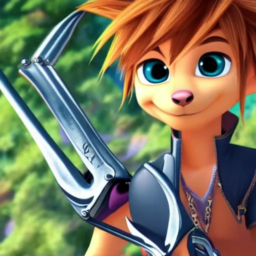 Image similar to sora, from kingdom hearts, holding the artemis keyblade, in the art style of zootopia