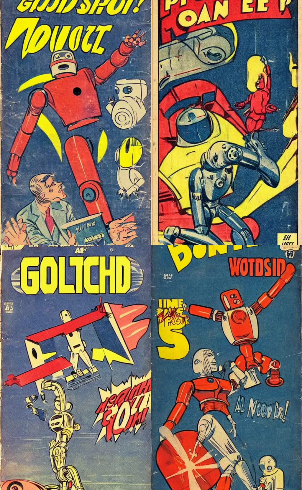 Prompt: a comic book cover from the 1930s featuring a robot waving goodby to the last spaceship leaving the panet