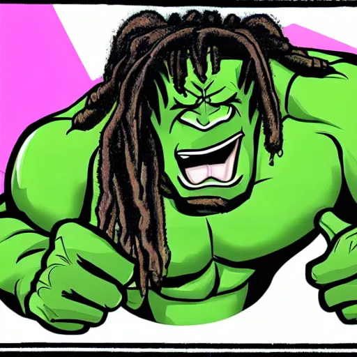 Image similar to black hulk with dreadlocks, cartoon drawing, meme