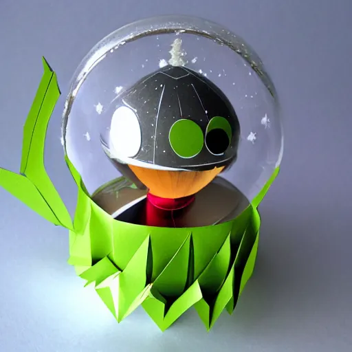Prompt: an alien riding a rocket ship to outerspace inside a snowglobe, papercraft, oragami