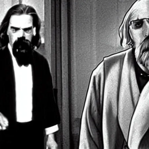 Image similar to friedrich nietzsche appearing in the movie the big lebowski as the dude, wearing a bathrobe, holding cigarette pipe