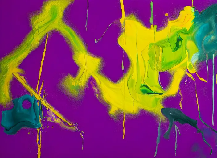 Image similar to abstract painting in purple, yellow, dark green, by hernan bas and pat steir and hilma af klint, psychological, photorealistic, dripping paint, washy brush, oil on canvas, rendered in octane, altermodern, masterpiece