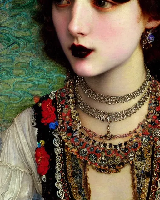 Image similar to a close up of beautiful girl with black lipstick wearing a intricate necklace surrounded by colourful intricate patterns, by edgar maxence and caravaggio and michael whelan, intricate painting, hyper realistic, extremely detailed and beautiful aesthetic face, 8 k resolution