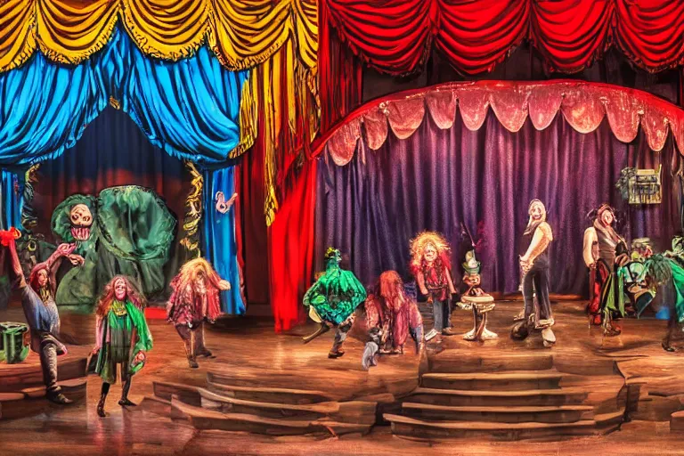 Prompt: photo of a huge theaterstage, play is little horror shop, theater curtains are red, 3 actors in hippy costumes standing on stage singing, 8 k, multicolored, exaggerated detailed, long shot