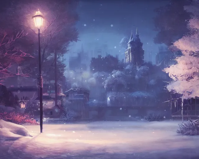 Prompt: scenery artwork, scene beautiful, light!! light essential calm and cozy winter world snow and night, surrealism oil on canvas, artstation!! pixiv!! dream scenery, quality wlop projection render, nier automata concept art, vaporwave textures