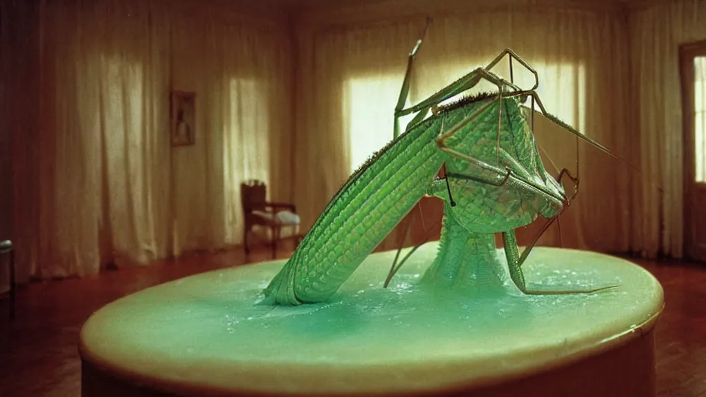 Image similar to the giant praying mantis head in the living room made of wax and water, film still from the movie directed by Wes Anderson with art direction by Salvador Dalí, wide lens