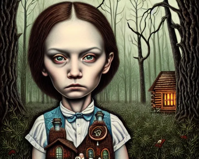 Image similar to intricate detailed portrait of a character in front of a cabin in a dark mysterious forest by mark ryden