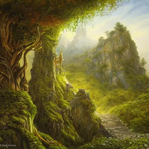 Prompt: a beautiful and highly detailed oil painting of an elven temple in the mountains, detailed trees and cliffs, forgotten valley, swirling mist, lush forests, intricate details, epic scale, insanely complex, 8 k, sharp focus, hyper realism, fantasy landscape, psychedelic, by caspar friedrich,