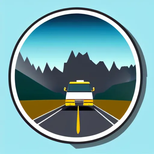 Image similar to very very very stylized minimal vector graphic of a thor chateau motorhome, highway, mountains and sunset!!, white background, all enclosed in a circle, dramatic, professional minimal graphic design cartoon, award winning