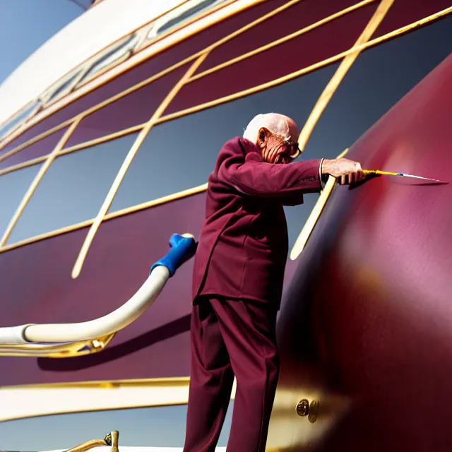 Image similar to wrinkled hunchbacked old man in musty burgundy suit, polishing painting the side of a huge gold plated mega yacht with a cloth, maintenance photo