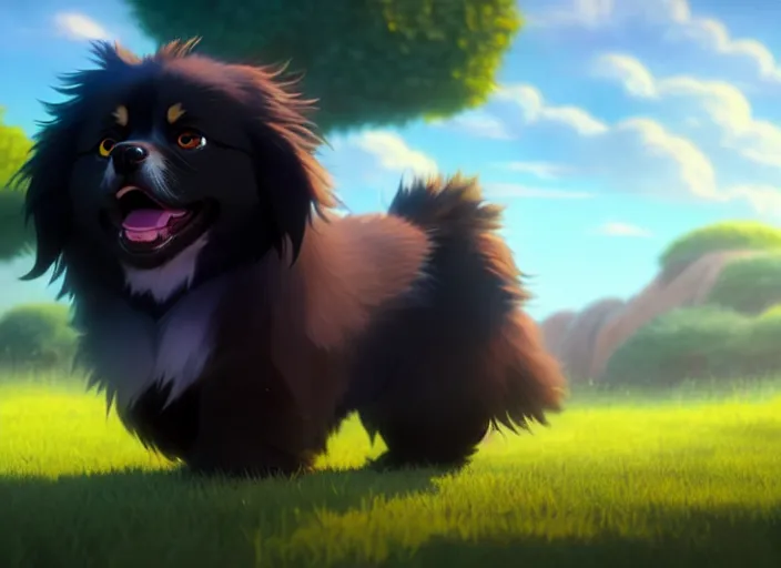 Image similar to a wholesome animation key shot of a black tibetan spaniel, jumping, studio ghibli, pixar and disney animation, sharp, rendered in unreal engine 5, anime key art by greg rutkowski, bloom, dramatic lighting