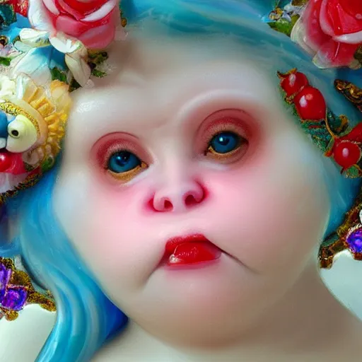 Image similar to magical scene. the sweet old very fat baby white monkey, red lips, blue eyes, is in love with her fancy beautiful colorful white fish. close up. clear face. subsurface scattering shiny skin. cinematic scene. glossy. highly detailed, color harmony, art station, ornate, caravaggio style. 3 d, beautiful lighting, old photography