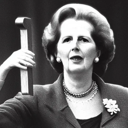 Prompt: margaret thatcher lay on a guillotine